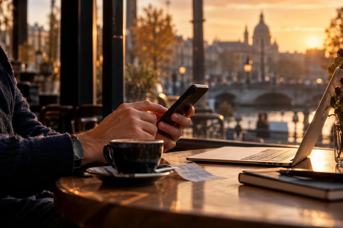 A workspace with a laptop, phone and expense receipts