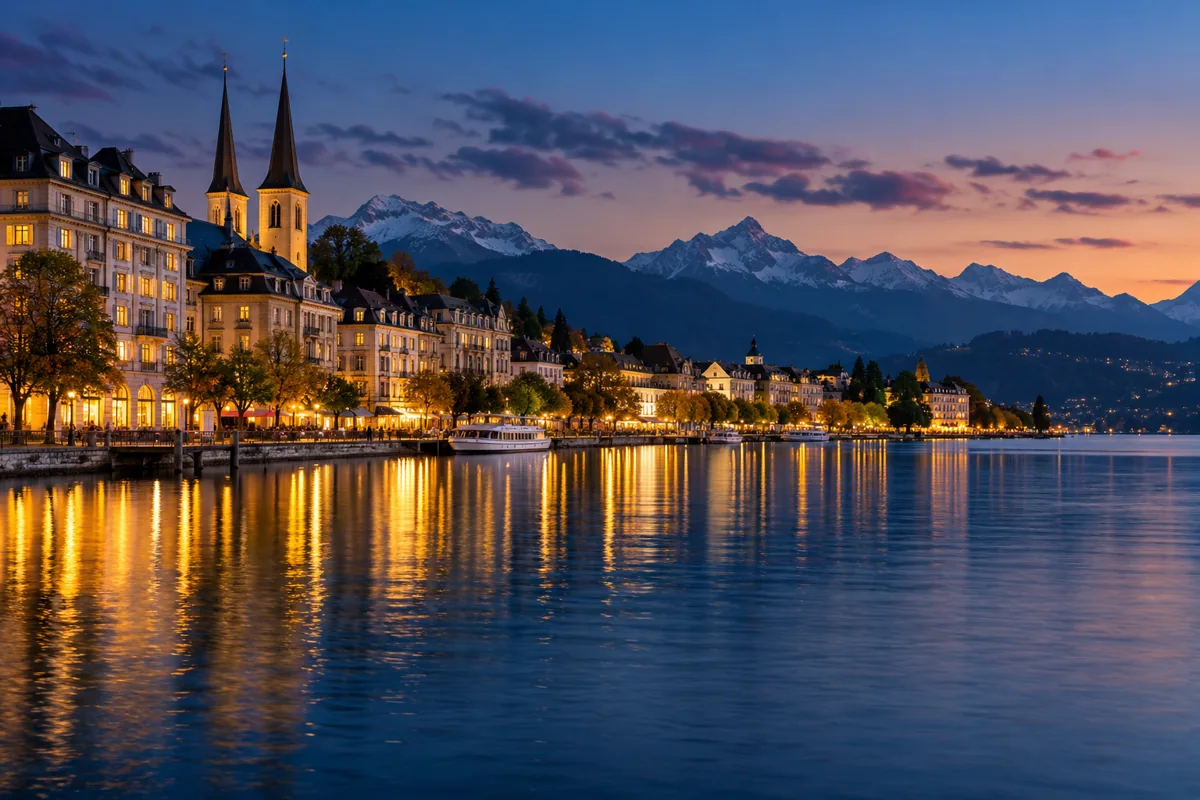 A Swiss city beside the water with mountains in the distance